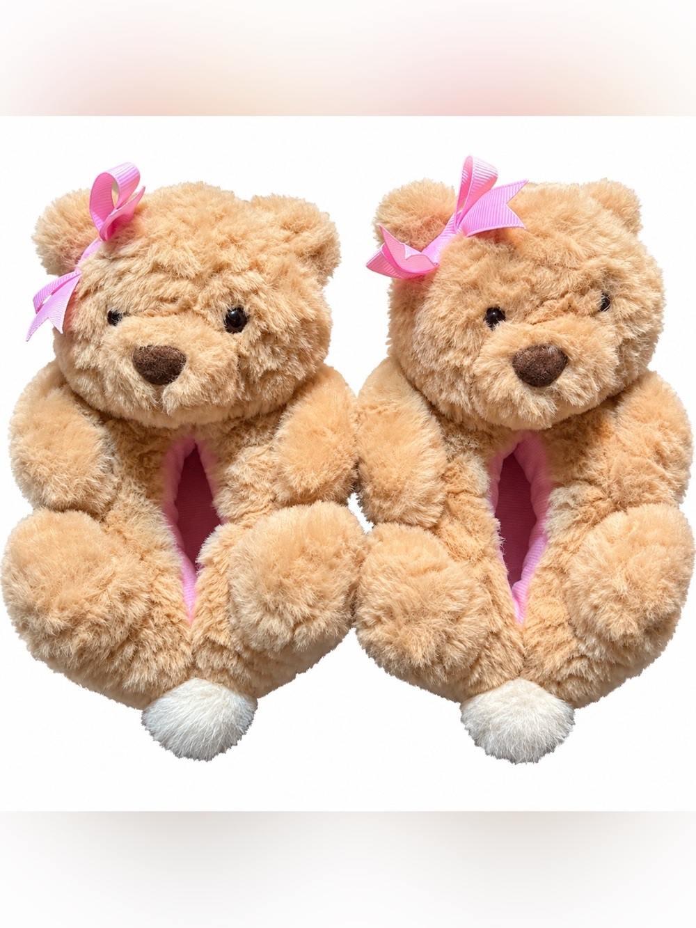 Fuzzy Teddy Bear Slippers Size 5/6 with Pink Bow Accent